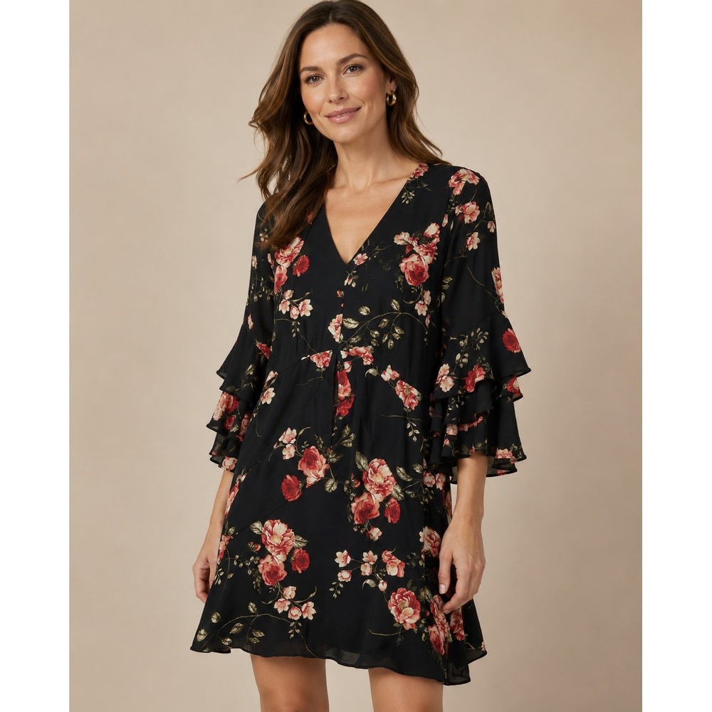 Signature by Robbie Bee Black Floral Ruffle Bell‎ Sleeve V-Neck Mini Dress 12